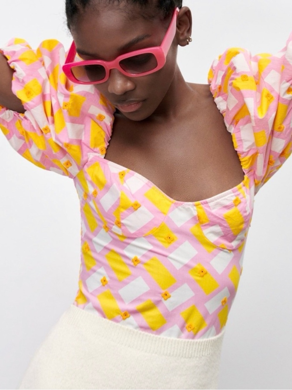 Zara Pink and Yellow Puff-Sleeve Bodysuit